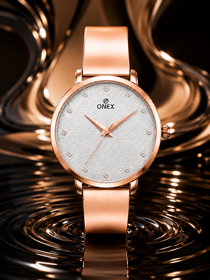 ONEX Women's Rose Gold Stainless Steel Analog Watch | Textured Silver Dial with Crystal Hour Markers | Elegant Bracelet Strap | Fashion Wrist Watch for Women