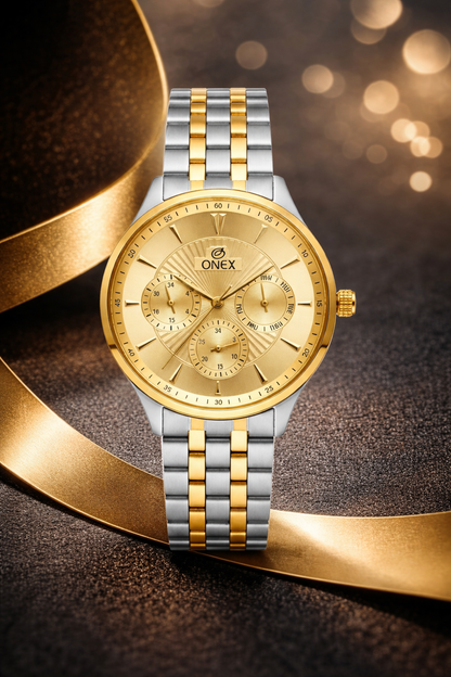 ONEX Men's Premium Multifunction Analog Watch for Men | Gold Sunray Dial | Two-Tone Stainless Steel Bracelet | Quartz Movement | Stylish Casual & Formal Wrist Watch