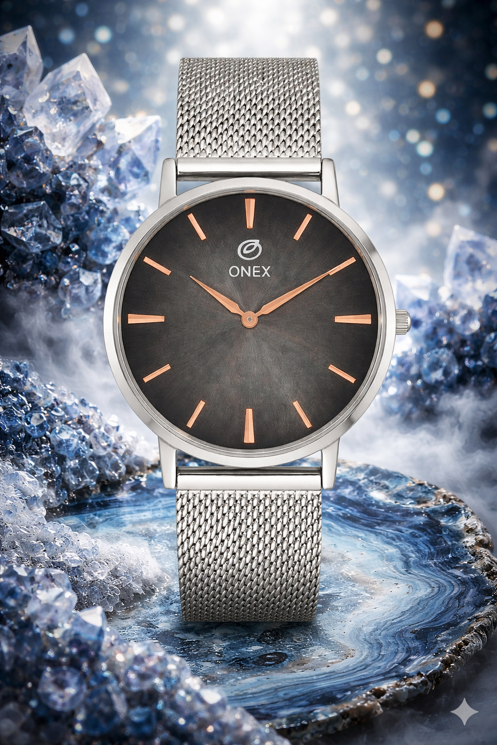 ONEX Men’s Analog Watch with Grey Sunray Dial & Silver Stainless Steel Mesh Strap | Minimal Classic Design