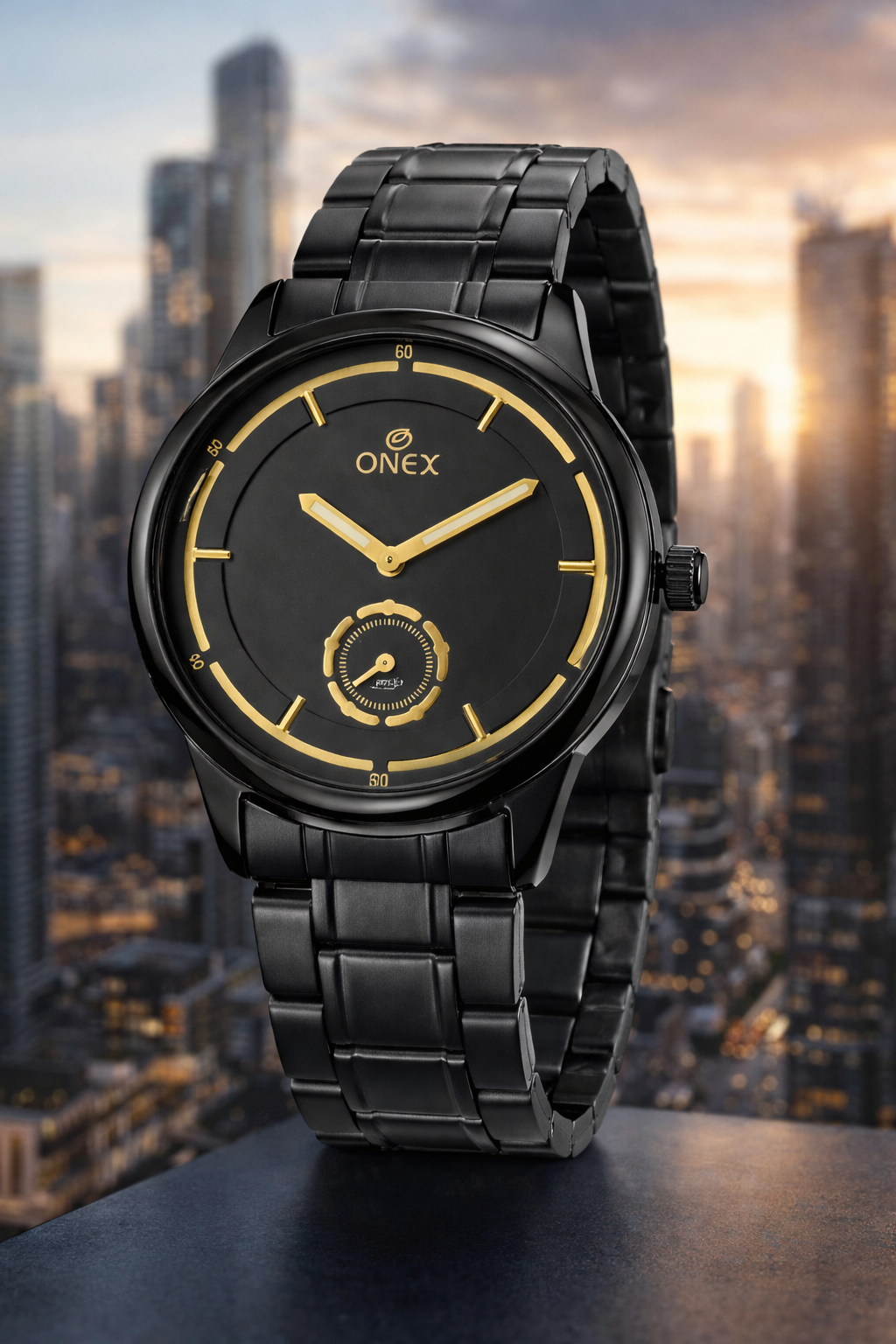 ONEX Men’s Analog Black Dial Watch with Gold Tone Markers & Stainless Steel Black Strap – Stylish Casual & Formal Watch