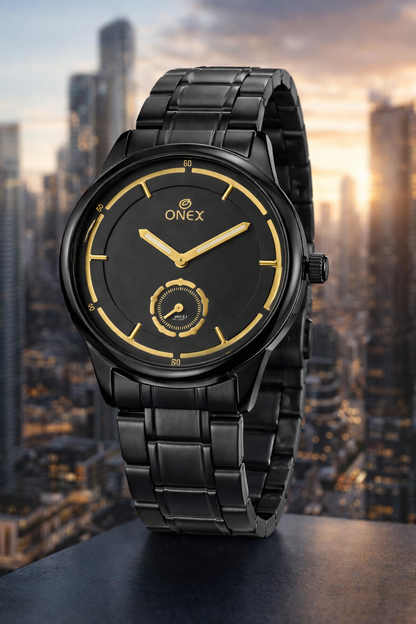 ONEX Men’s Analog Black Dial Watch with Gold Tone Markers & Stainless Steel Black Strap – Stylish Casual & Formal Watch
