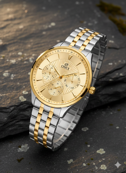 ONEX Men's Premium Multifunction Analog Watch for Men | Gold Sunray Dial | Two-Tone Stainless Steel Bracelet | Quartz Movement | Stylish Casual & Formal Wrist Watch