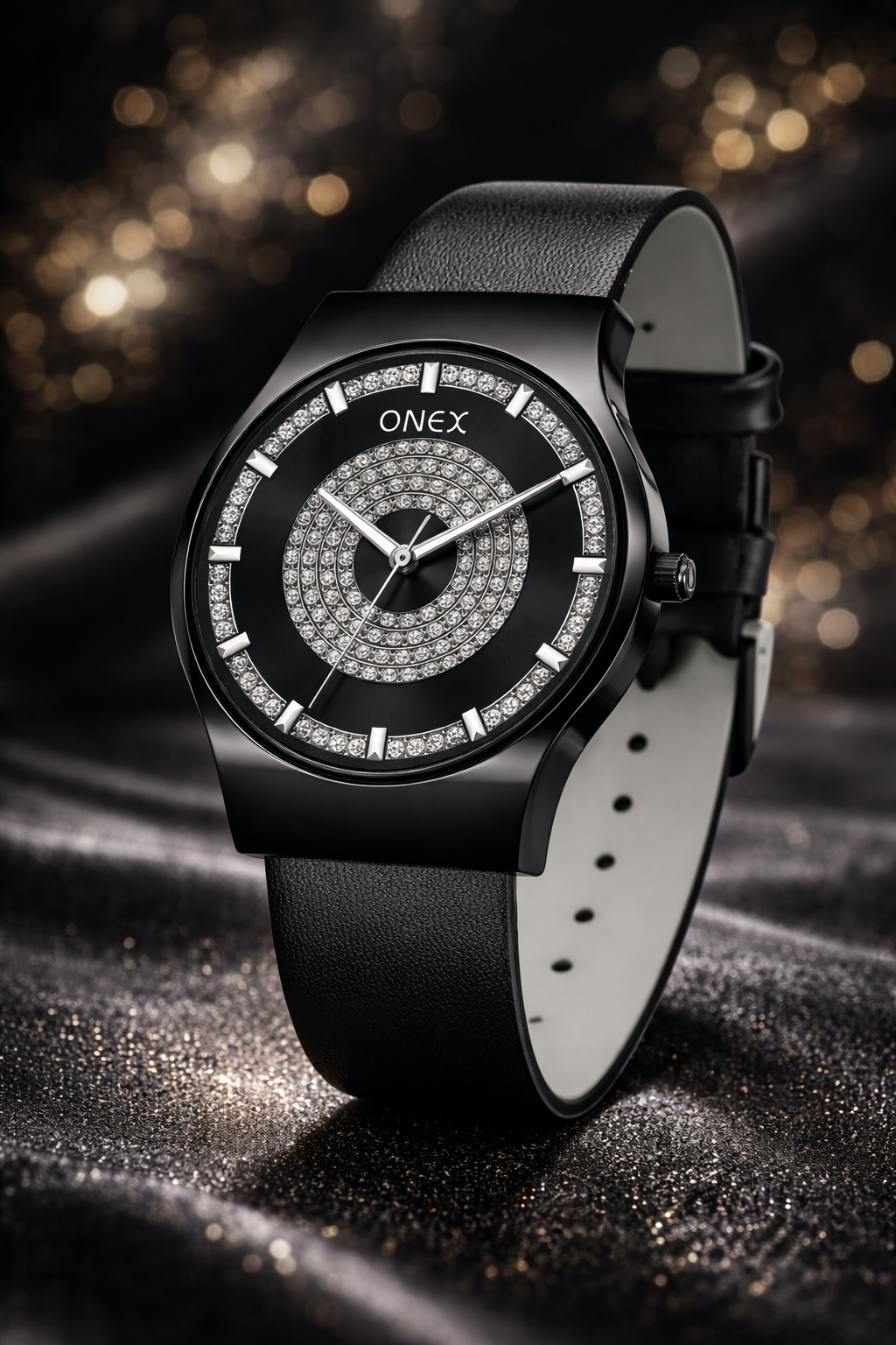 ONEX Luxury Black Dial Analog Watch with Crystal Studded Design & Black Leather Strap