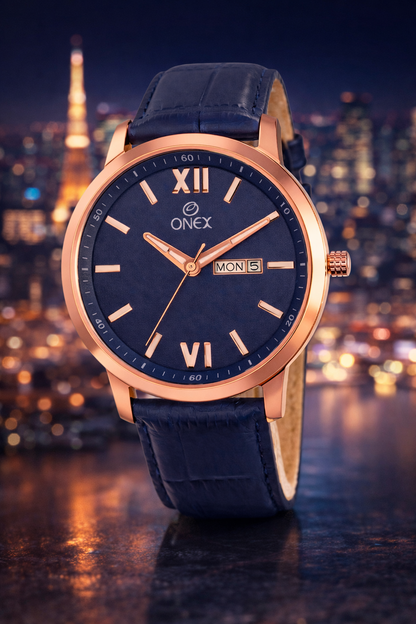 ONEX Men's Day & Date Analog Watch – Blue Dial, Rose Gold Case & Blue Leather Strap