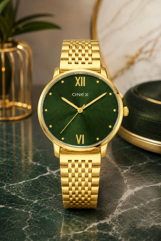 ONEX Women's Analog Wrist Watch for women | Gold Stainless Steel Bracelet Strap | Green Sunray Dial | Premium Casual & Formal Watch