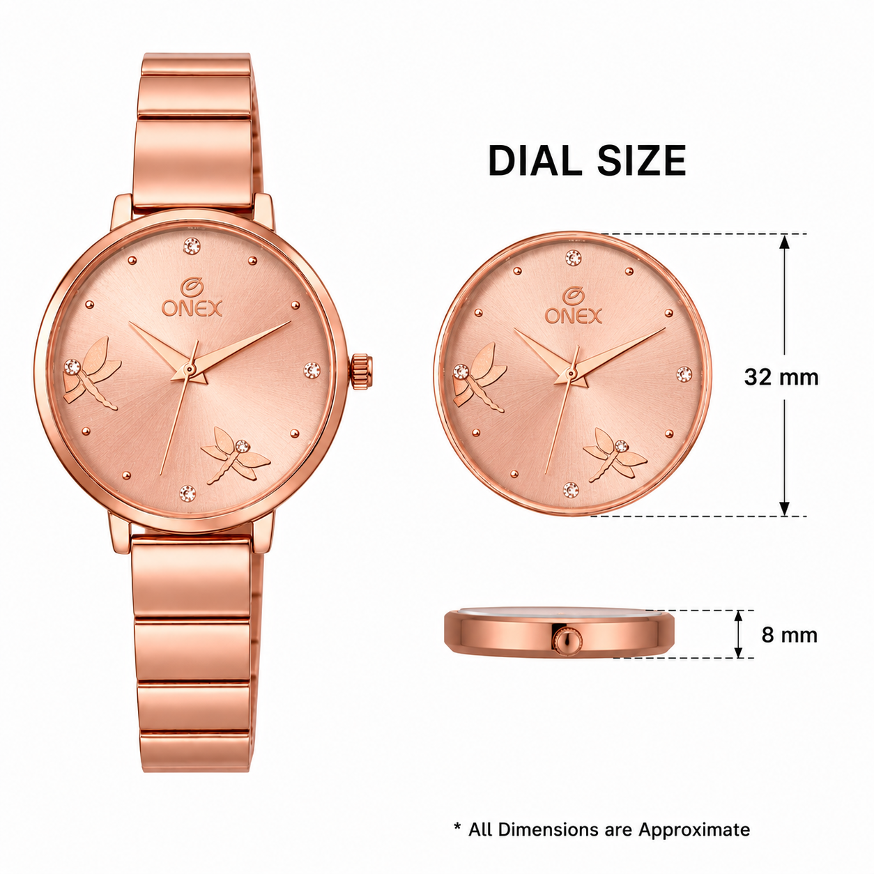 Onex Women’s Rose Gold Bracelet Watch with Crystal Markers & Dragonfly Dial