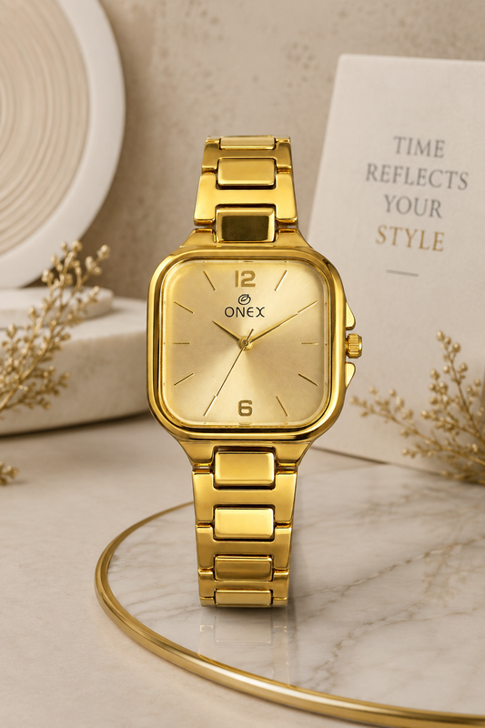 Onex Elegant Gold Square Dial Women’s Watch – Premium Stainless Steel Bracelet