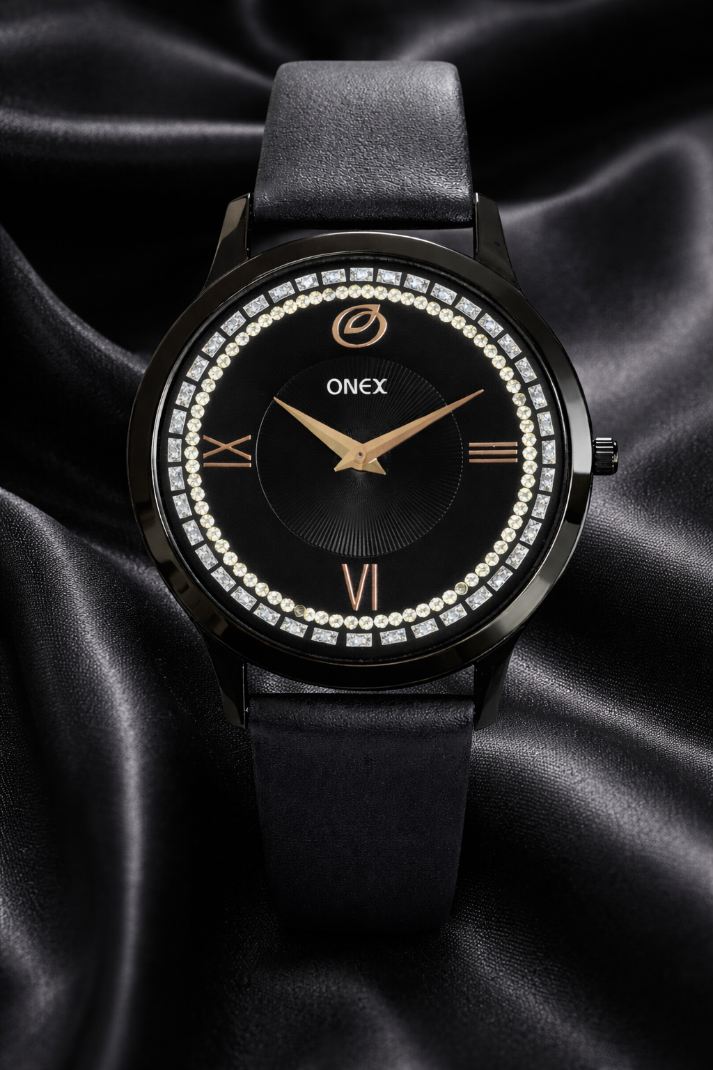 ONEX Men’s Analog Watch with Black Dial, Crystal Studded Bezel & Black Leather Strap – Stylish Casual & Formal Wrist Watch for Men