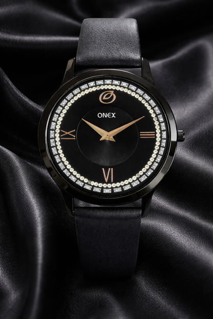 ONEX Men’s Analog Watch with Black Dial, Crystal Studded Bezel & Black Leather Strap – Stylish Casual & Formal Wrist Watch for Men