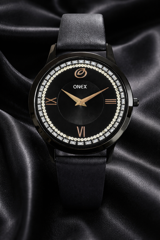 ONEX Men’s Analog Watch with Black Dial, Crystal Studded Bezel & Black Leather Strap – Stylish Casual & Formal Wrist Watch for Men
