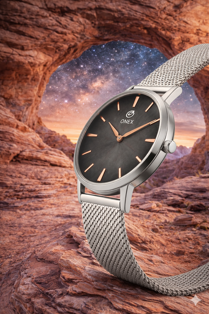 ONEX Men’s Analog Watch with Grey Sunray Dial & Silver Stainless Steel Mesh Strap | Minimal Classic Design