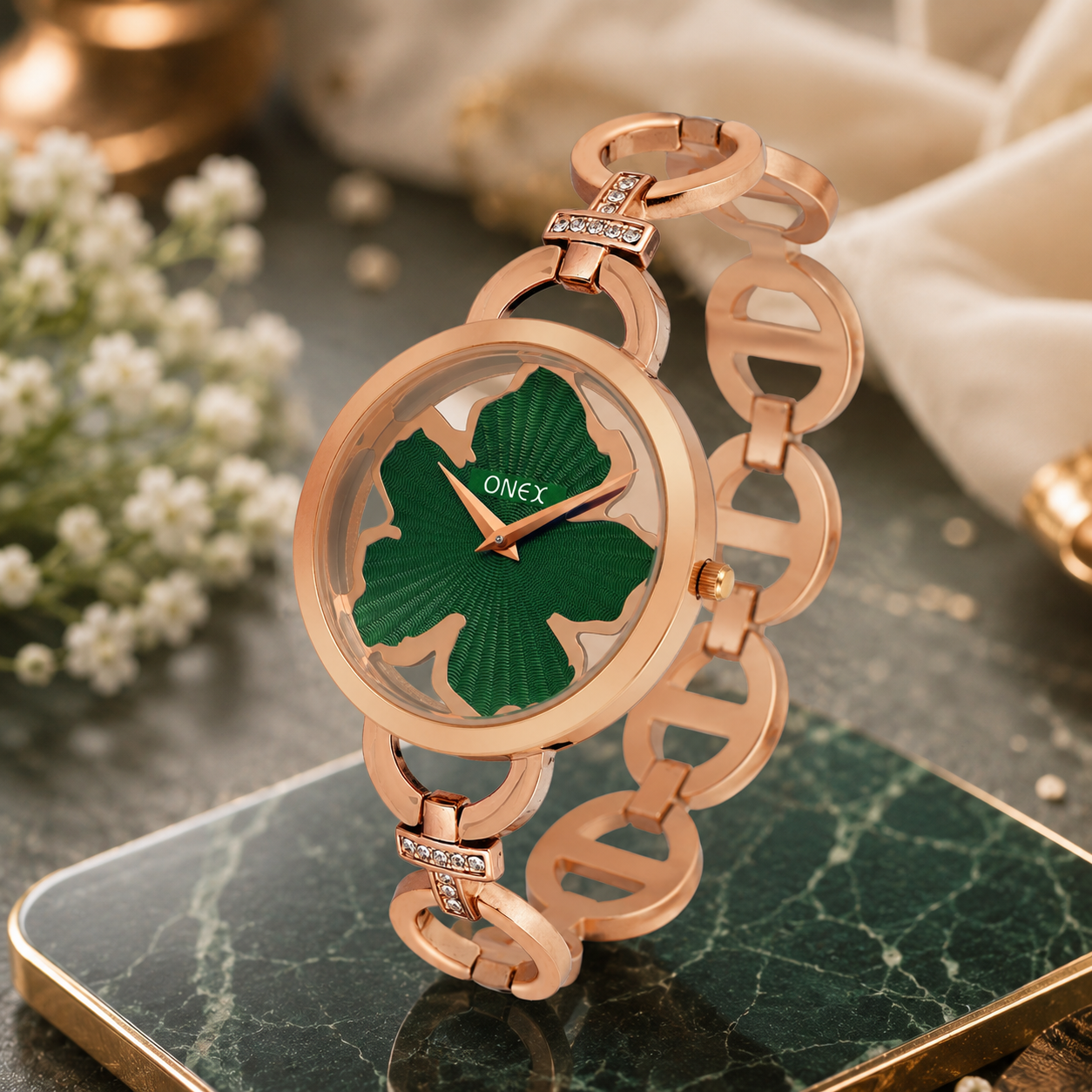 ONEX Rose Gold Women’s Bracelet Watch with Green Textured Dial & Crystal Accents