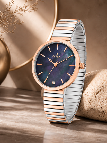 Onex Women’s Rose Gold Blue Pearl Dial Slim Bracelet Watch