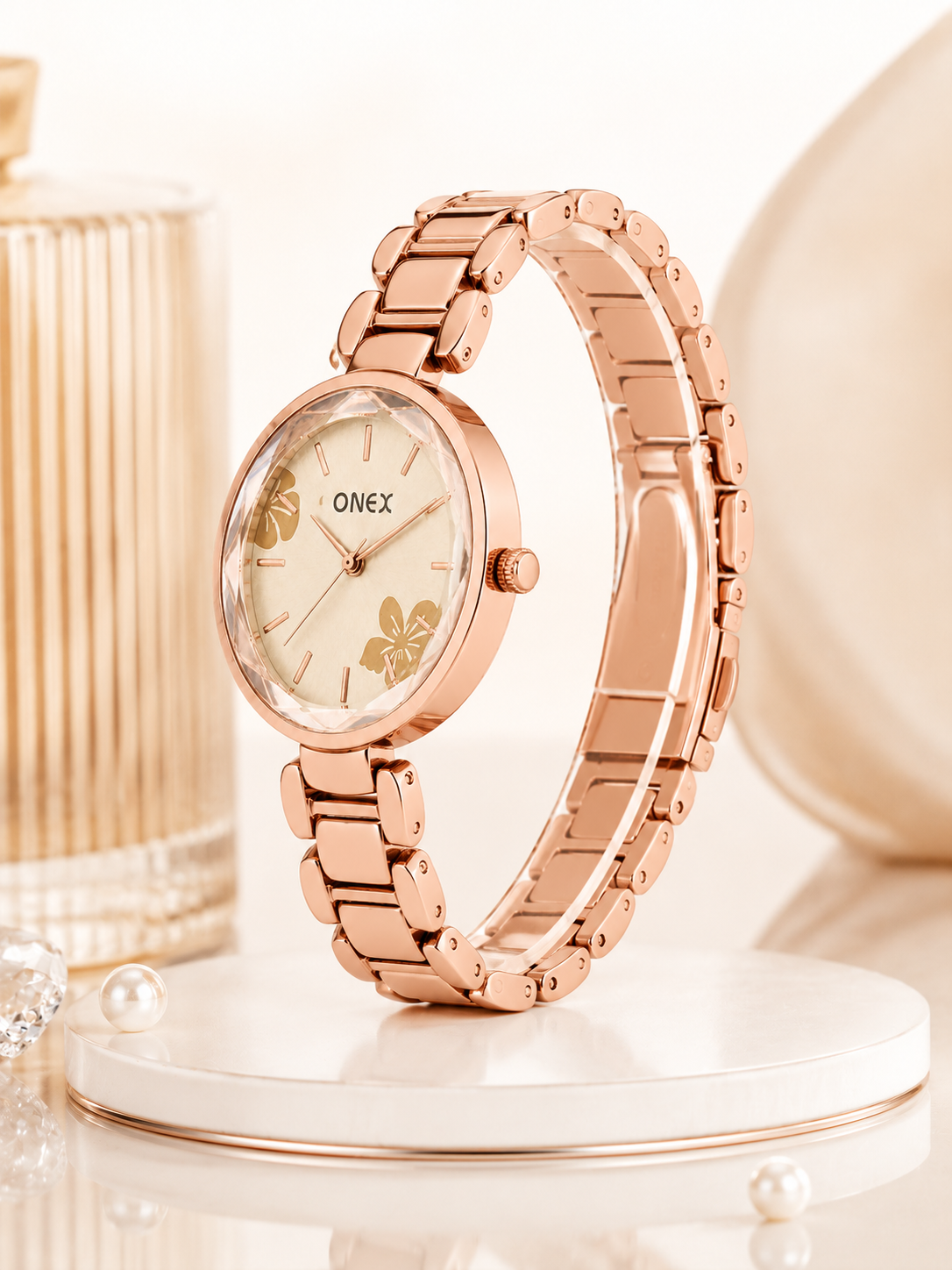 ONEX Women's Rose Gold Analog Watch | Floral Sunray RoseGold Dial | Premium Bracelet Strap | Quartz Movement | Elegant Dress Watch