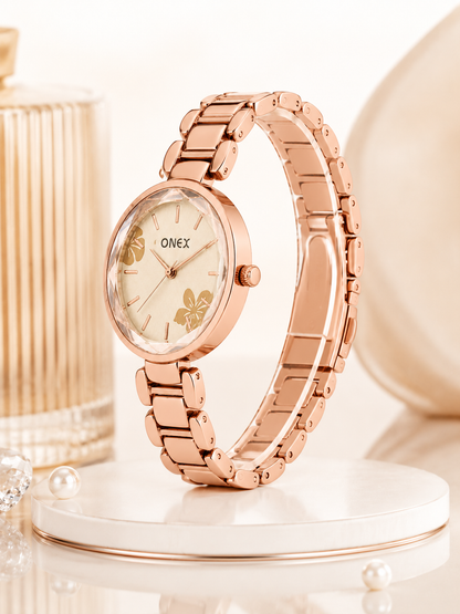 ONEX Women's Rose Gold Analog Watch | Floral Sunray RoseGold Dial | Premium Bracelet Strap | Quartz Movement | Elegant Dress Watch