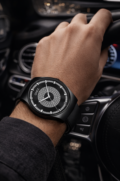 ONEX Luxury Black Dial Analog Watch with Crystal Studded Design & Black Leather Strap