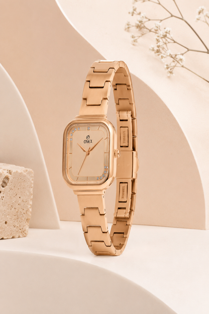ONEX Rose Gold Square Dial Analog Watch for Women | Crystal Accent Dial | Metal Strap
