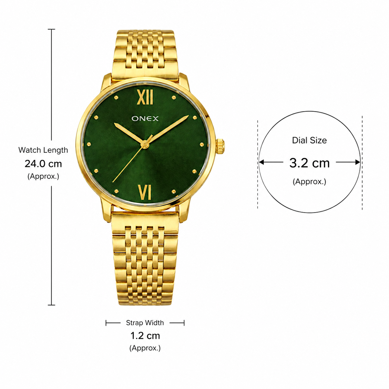 ONEX Women's Analog Wrist Watch for women | Gold Stainless Steel Bracelet Strap | Green Sunray Dial | Premium Casual & Formal Watch