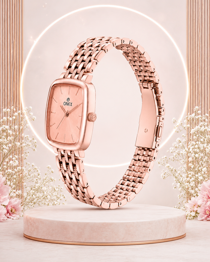 ONEX Women's Analog Rose Gold Stainless Steel Bracelet Watch | Square RoseGold Dial | Elegant Casual & Party Wear Wrist Watch for Women