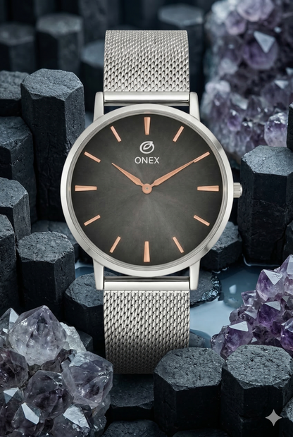 ONEX Men’s Analog Watch with Grey Sunray Dial & Silver Stainless Steel Mesh Strap | Minimal Classic Design