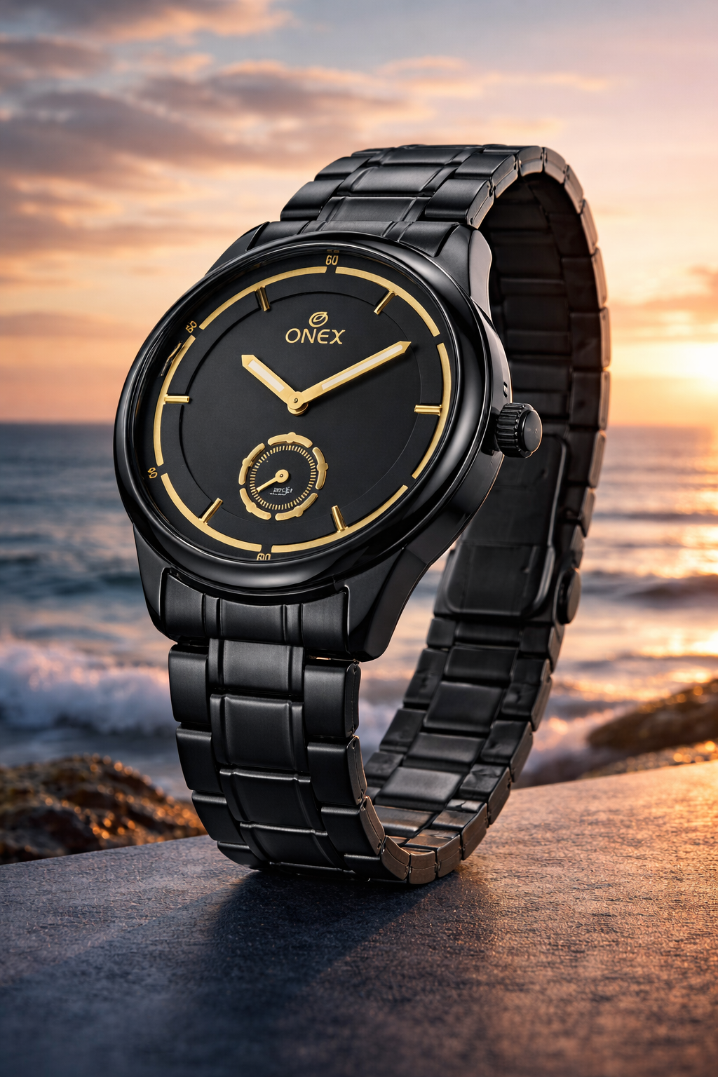 ONEX Men’s Analog Black Dial Watch with Gold Tone Markers & Stainless Steel Black Strap – Stylish Casual & Formal Watch