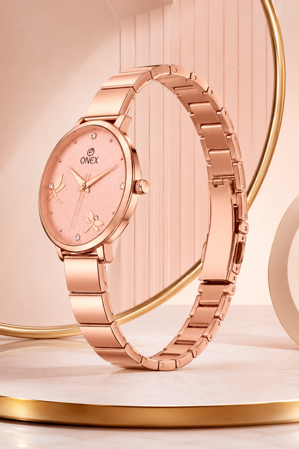Onex Women’s Rose Gold Bracelet Watch with Crystal Markers & Dragonfly Dial