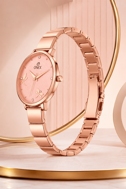 Onex Women’s Rose Gold Bracelet Watch with Crystal Markers & Dragonfly Dial