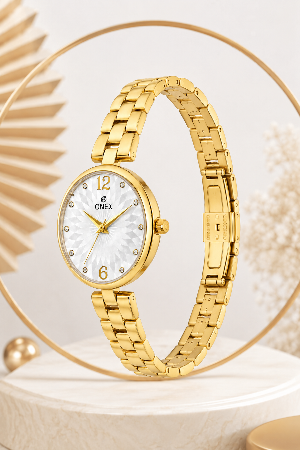 ONEX Women’s Gold-Tone Designer Bracelet Watch with Crystal Studded Dial Silver