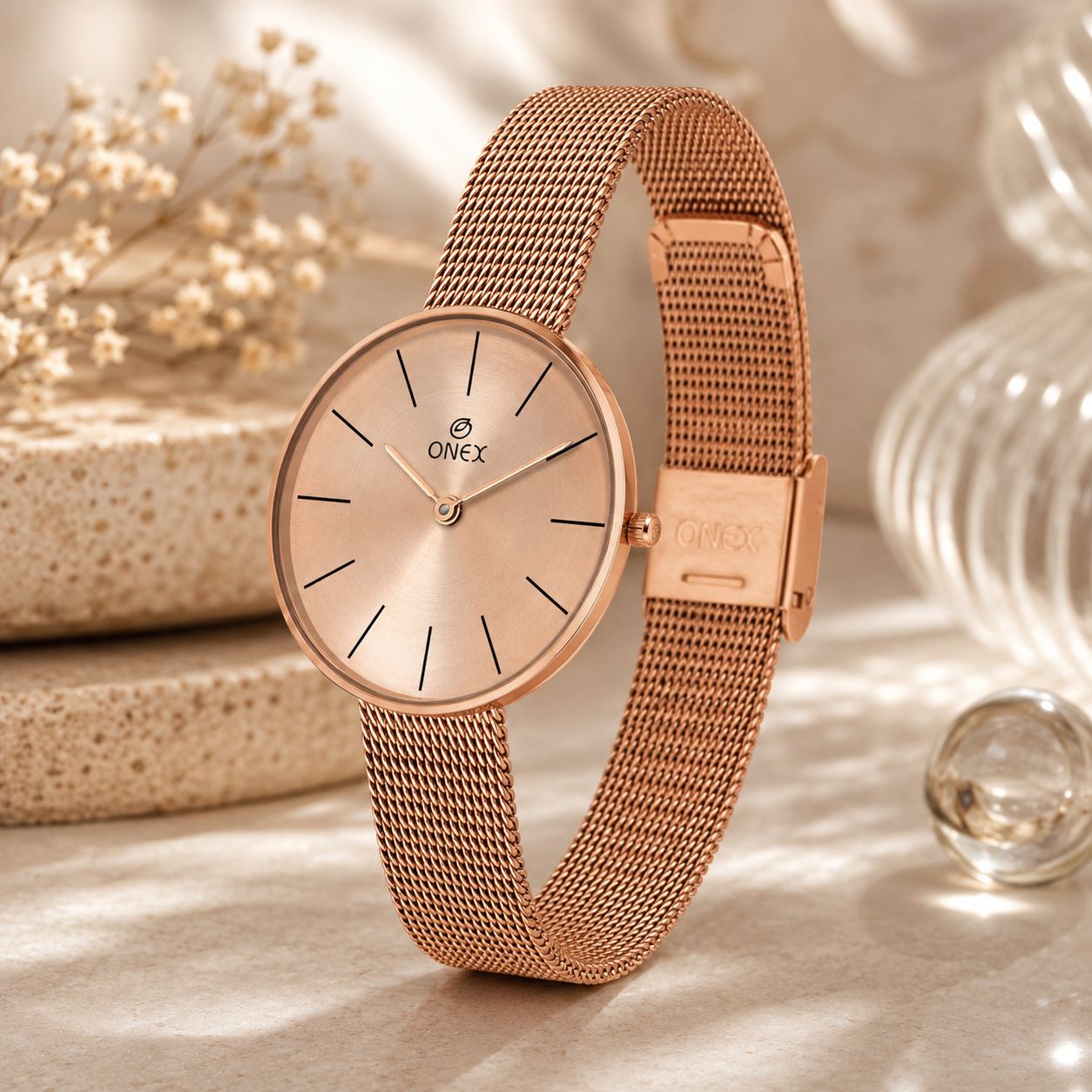 ONEX Women’s Rose Gold Analog Watch with Minimalist Dial & Mesh Metal Strap