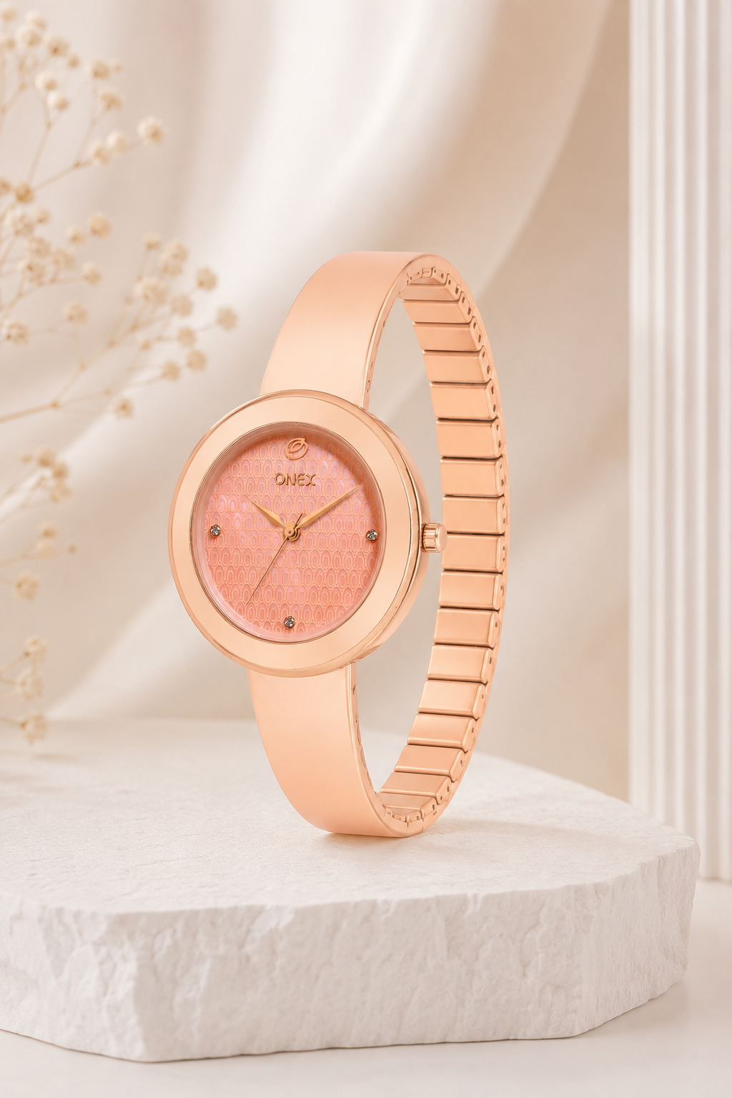 OneX Premium Rose Gold Analog Watch | Crystal-Studded Dial & Metal Bracelet