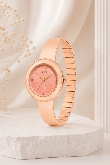 OneX Premium Rose Gold Analog Watch | Crystal-Studded Dial & Metal Bracelet