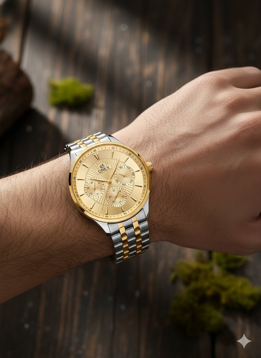 ONEX Men's Premium Multifunction Analog Watch for Men | Gold Sunray Dial | Two-Tone Stainless Steel Bracelet | Quartz Movement | Stylish Casual & Formal Wrist Watch