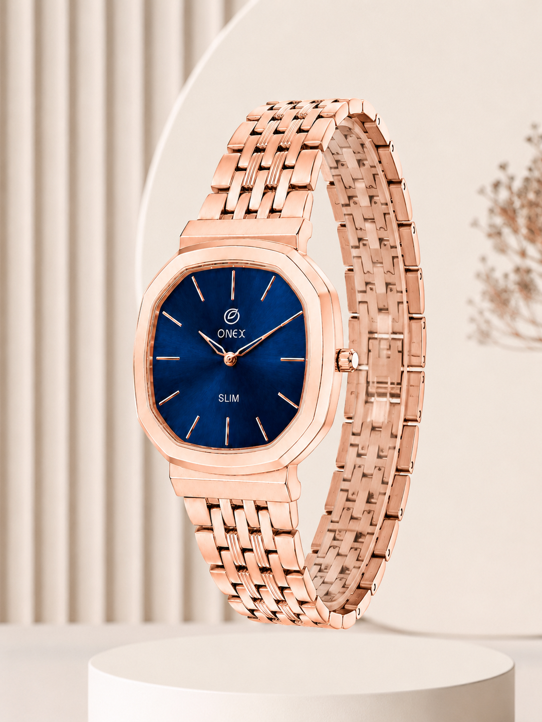 Onex Slim Rose Gold Stainless Steel Analog Watch for Women | Blue Sunray Dial | Elegant Bracelet Strap