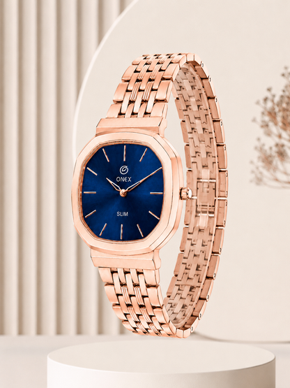 Onex Slim Rose Gold Stainless Steel Analog Watch for Women | Blue Sunray Dial | Elegant Bracelet Strap