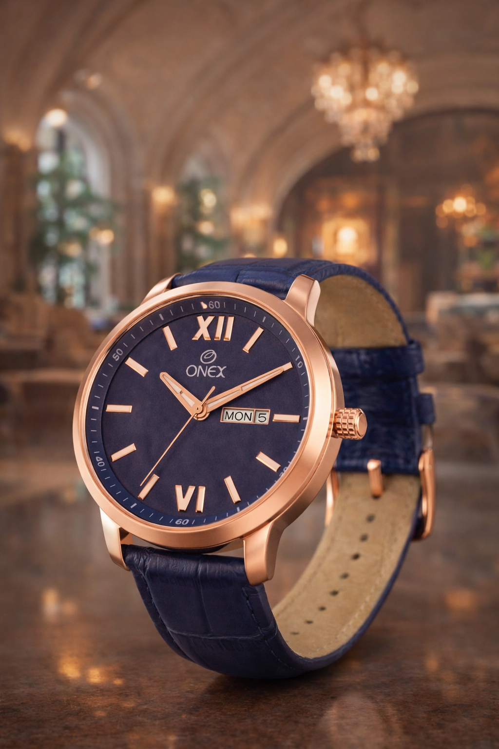ONEX Men's Day & Date Analog Watch – Blue Dial, Rose Gold Case & Blue Leather Strap