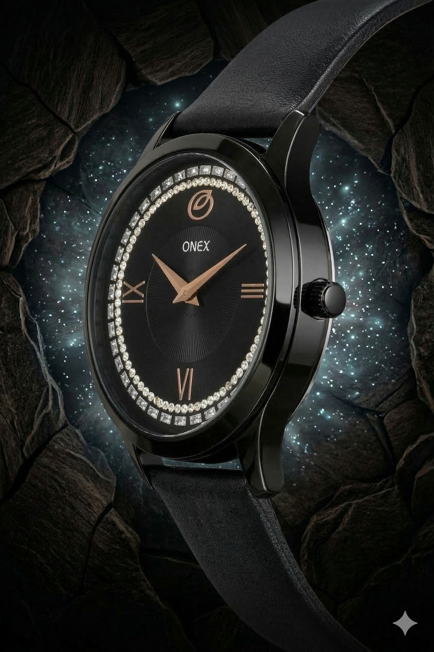 ONEX Men’s Analog Watch with Black Dial, Crystal Studded Bezel & Black Leather Strap – Stylish Casual & Formal Wrist Watch for Men