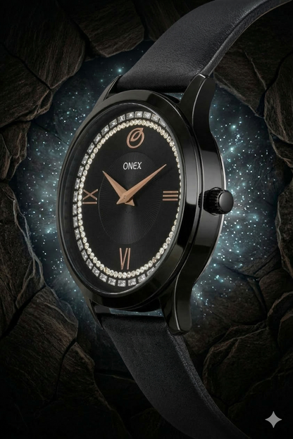 ONEX Men’s Analog Watch with Black Dial, Crystal Studded Bezel & Black Leather Strap – Stylish Casual & Formal Wrist Watch for Men