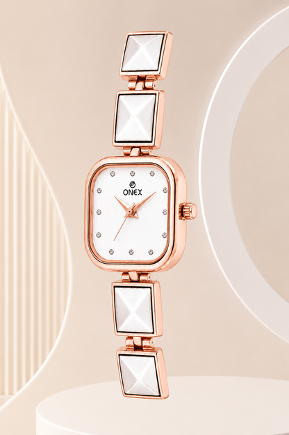 ONEX Women’s Rose Gold Square Dial Bracelet Watch with Crystal Studded White Dial