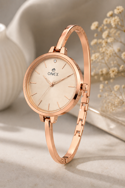 ONEX Women’s Rose Gold Analog Watch | Minimal Slim Bracelet Watch for Girls & Women