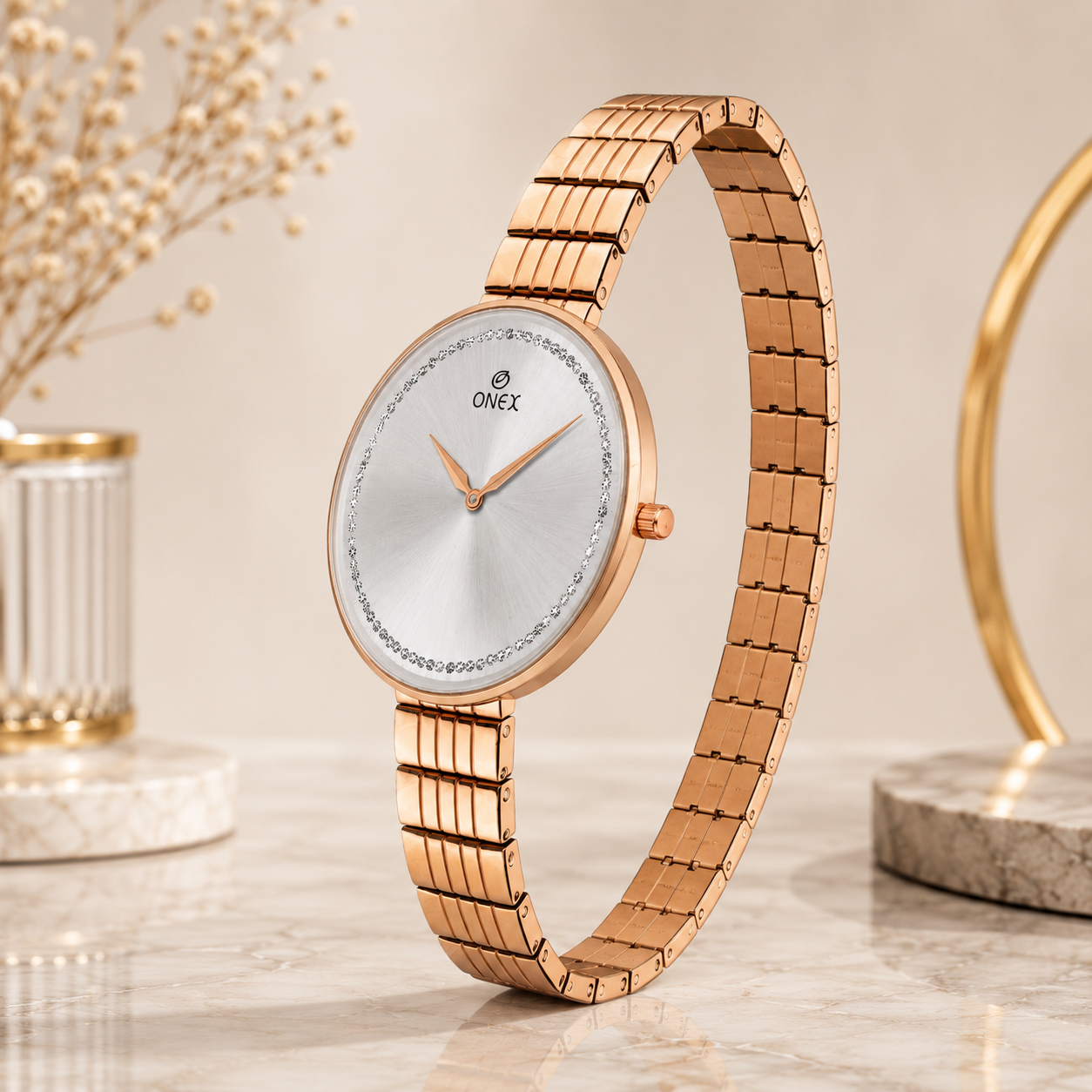 ONEX Elegant Rose Gold Women’s Watch | Silver Sunray Dial with Crystal Ring
