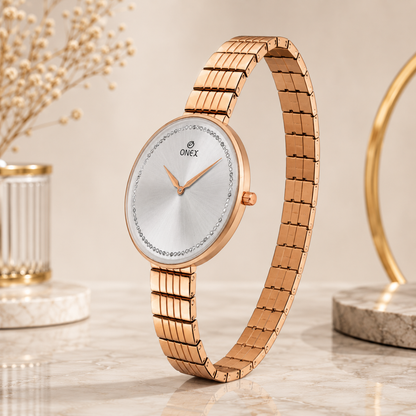ONEX Elegant Rose Gold Women’s Watch | Silver Sunray Dial with Crystal Ring