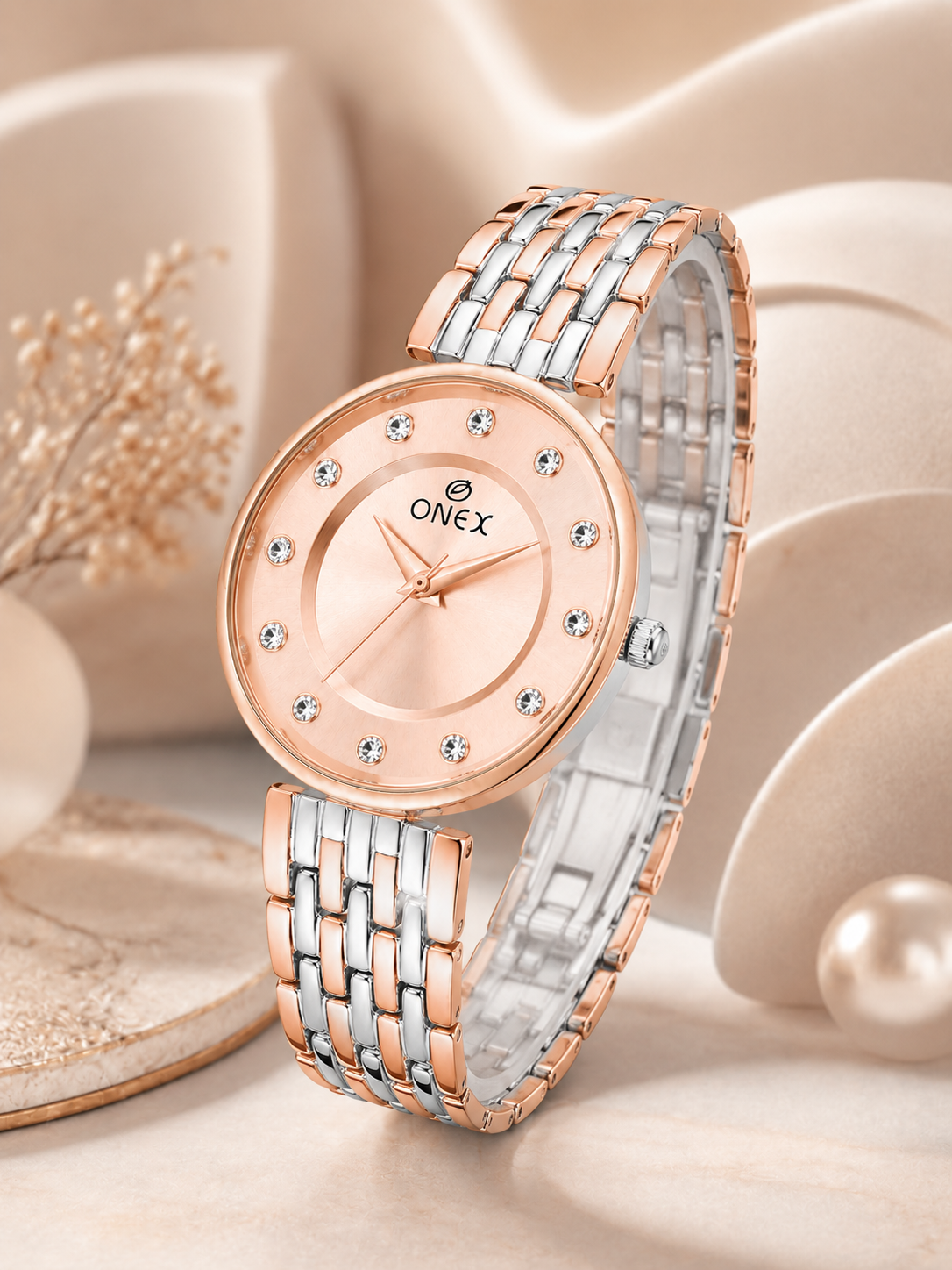 Onex Women’s Rose Gold Analog Watch with Crystal Studded Dial & Dual Tone Bracelet Strap