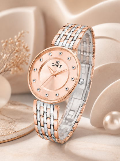 Onex Women’s Rose Gold Analog Watch with Crystal Studded Dial & Dual Tone Bracelet Strap