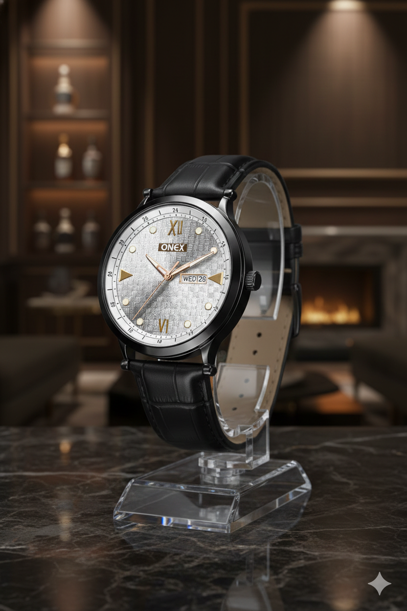 ONEX Men’s Analog Watch with Day & Date Display, Silver Textured Dial, Black Leather Strap, Roman Index – Stylish Formal Wrist Watch for Men