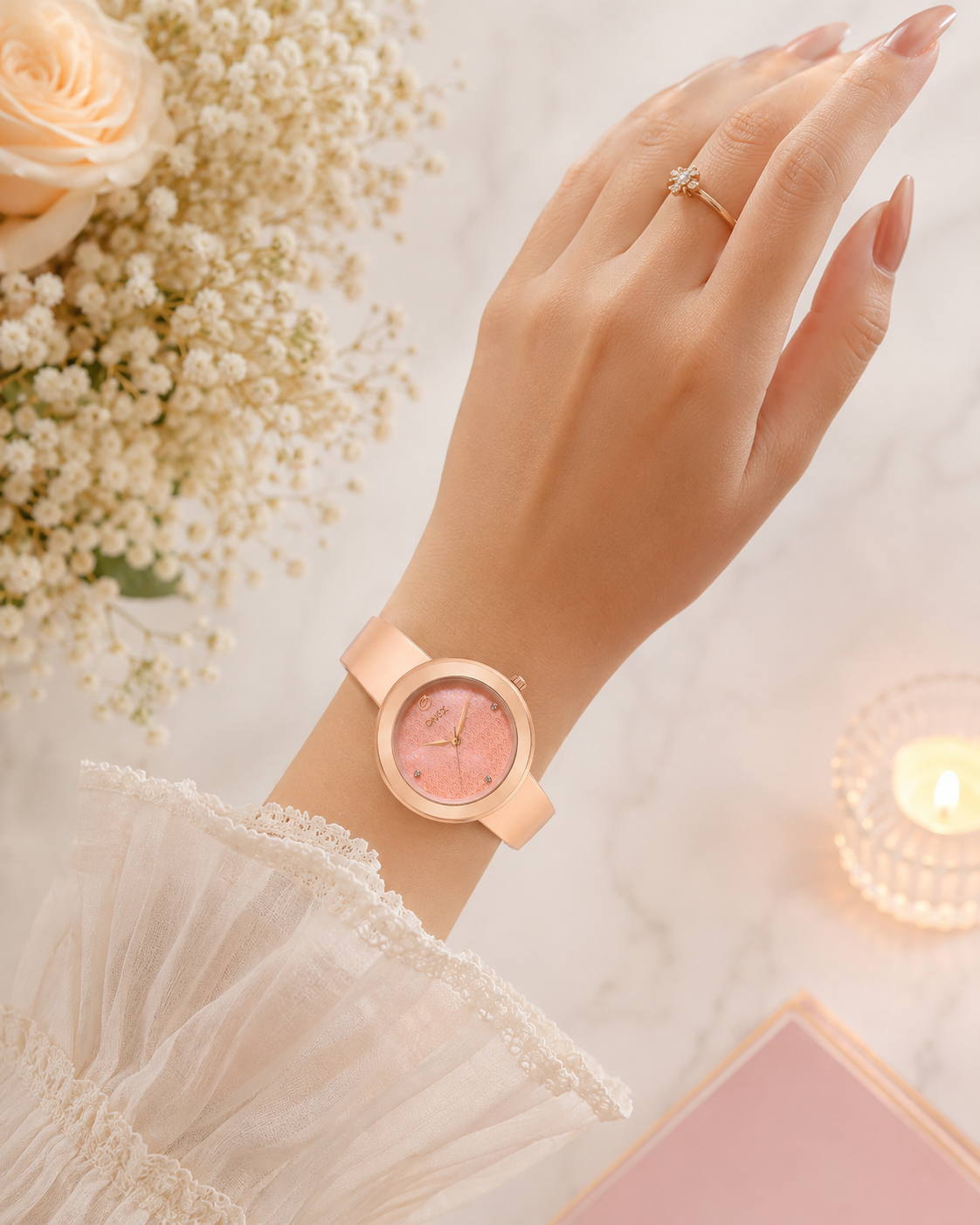 OneX Premium Rose Gold Analog Watch | Crystal-Studded Dial & Metal Bracelet