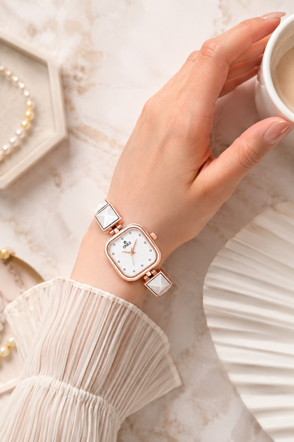ONEX Women’s Rose Gold Square Dial Bracelet Watch with Crystal Studded White Dial