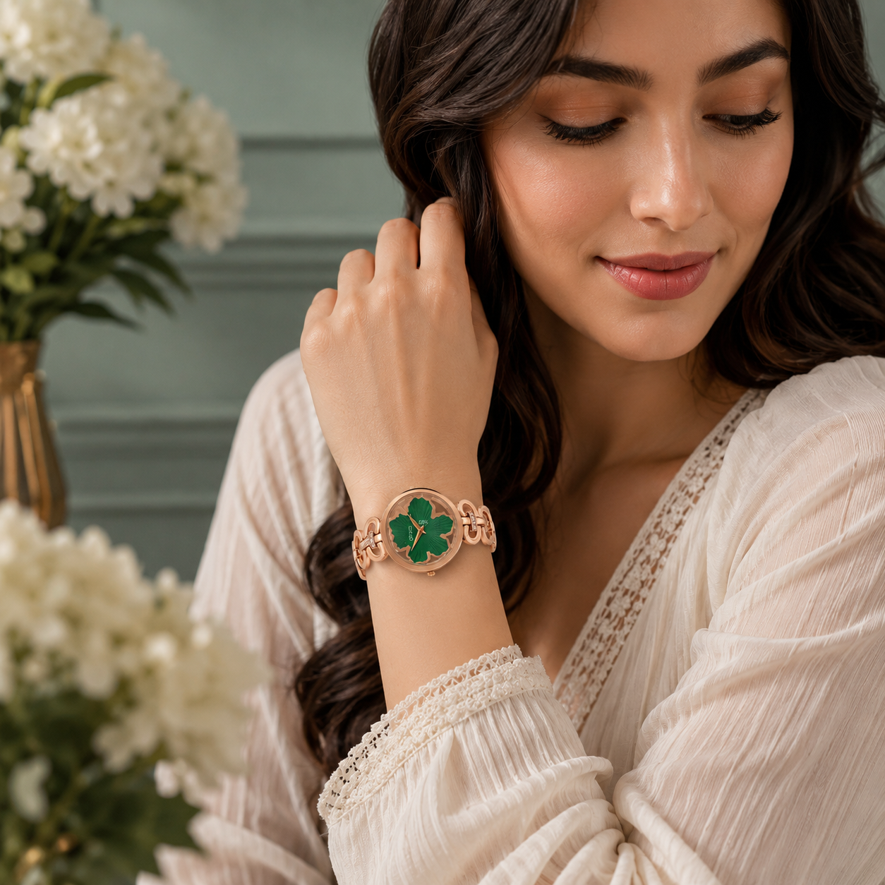ONEX Rose Gold Women’s Bracelet Watch with Green Textured Dial & Crystal Accents