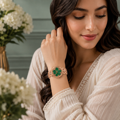 ONEX Rose Gold Women’s Bracelet Watch with Green Textured Dial & Crystal Accents