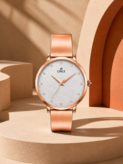 ONEX Women's Rose Gold Stainless Steel Analog Watch | Textured Silver Dial with Crystal Hour Markers | Elegant Bracelet Strap | Fashion Wrist Watch for Women