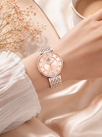 Onex Women’s Rose Gold Analog Watch with Crystal Studded Dial & Dual Tone Bracelet Strap